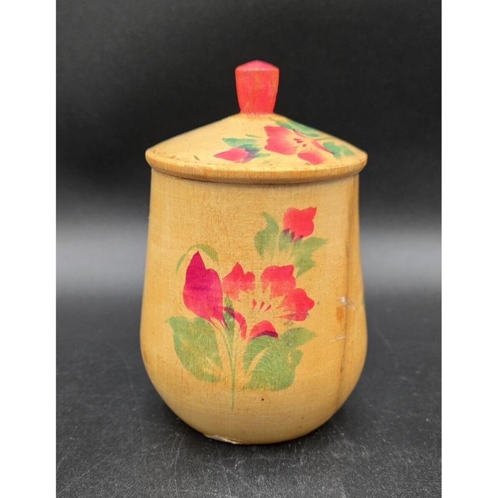 Vtg Russian ? Ukranian Wooden‎ Container Vase with Lid Folk Art Pink Floral